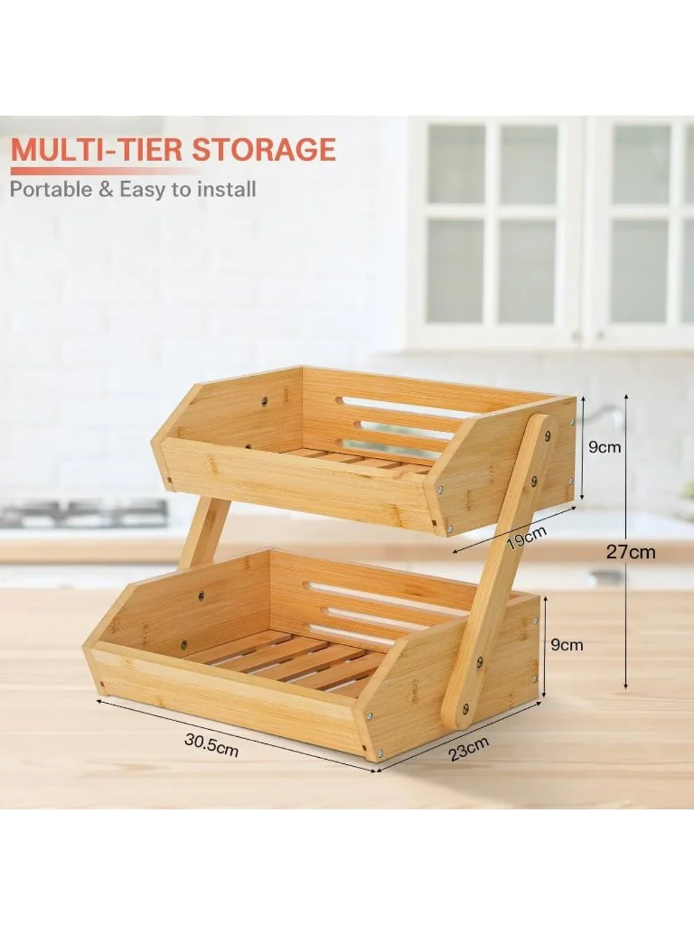 New Large Bamboo 2-Tier Fruit Basket 15 mm Thick Kitchen Counter Bowl Stand